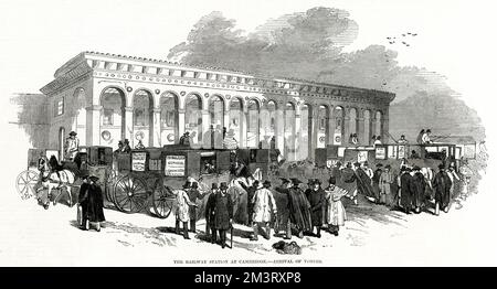 Bahnhof Cambridge - Ankunft der Wähler 1847 Stockfoto