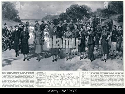 Uniformierte Arbeiterinnen im britischen Kriegsdienst, April 1941 Stockfoto