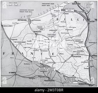 Karte von Frankreich und Belgien, Evakuierung aus Dünkirchen, 2. Weltkrieg Stockfoto