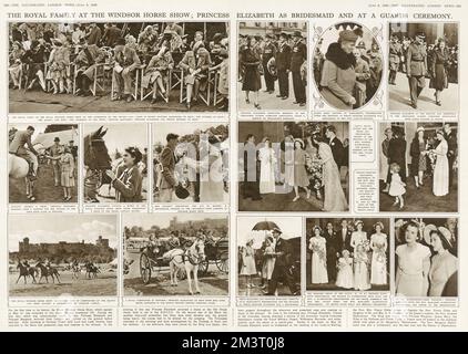 Doppelseite aus den illustrierten London News mit Bildergeschichten über die königliche Familie in der Windsor Horse Show auf der linken Seite und die Hochzeit des ehrenwerten Andrew Elphinstone, Neffen der Königin, an die ehrenwerte Mrs. Vicary Gibbs. Bemerkenswert unter den Fotos ist Prinzessin Elizabeth (die zukünftige Königin Elizabeth II.), die als Brautjungfer in Begleitung von Prinz Philip von Griechenland angesehen wird, der im folgenden Jahr ihr Ehemann werden sollte. Datum: 1946 Stockfoto