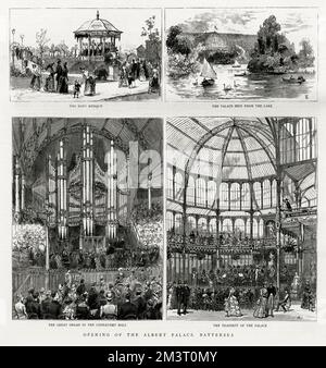 Eröffnung des Albert Palace in Battersea, London im Jahr 1885. Die Gravuren zeigen den Blick auf den Palast vom See, den Bandstand (Kiosque), die große Orgel in der Connaught Hall und den wunderschönen Quer des Palastes. Das Eisen- und Glasgebäude wurde teilweise aus einem Gebäude rekonstruiert, das dem Crystal Palace ähnelt, in dem 1865 die internationale Ausstellung von Dublin stattfand. 1885 Stockfoto