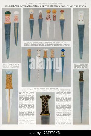 Gold, Silber, Lapis und Obsidian in The Splendid Swords of the Kings - The Royal Treasure of Dorak c.3000 v. Chr. - Bericht über die Funde aus den Ausgrabungen von James Mellaart, Assistant Director, The British Institute of Archäology, Ankara. Ein kleiner Friedhof bestehend aus zwei königlichen Zistengräbern und zwei Pithos-Grabstätten von Dienern wurde hoch oben auf einem Hügel in der Nähe des Dorak gefunden, am Südufer des Apolyont-Sees (Vilayet von Bursa) im Nordwesten der Türkei in der Nähe des Marmaramees. Stockfoto