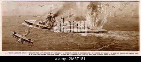 Die Zerstörung von HMS Prince of Wales durch japanische Flugzeuge und Torpedos in der Nähe von Kuantan vor der Ostküste Malayas am 10. Dezember 1941. HMS Repulse wurde ebenfalls versenkt, und insgesamt 1200 Männer starben. 1941 Stockfoto