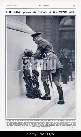 King platziert seine Tribut im Cenotaph, London 1920 Stockfoto