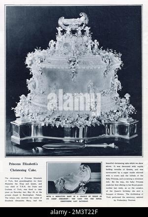 Kuchen für die Taufe von Prinzessin Elizabeth (später Königin Elizabeth II.) im Mai 1926. Es war mit Ampoden mit Blumenkränzen dekoriert und wurde von einer Zuckerwiese mit einer Krone und den Initialen der Baby-Prinzessin und einer Miniaturpuppe übersät. Stockfoto