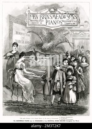 Reizende Werbung für den führenden Klavierhersteller John Brinsmead und Söhne, die eine Dame am Klavier zeigt und in einer Kinderprozession auf einer schicken Kostümparty spielt. Entzückend. Datum: 1889 Stockfoto