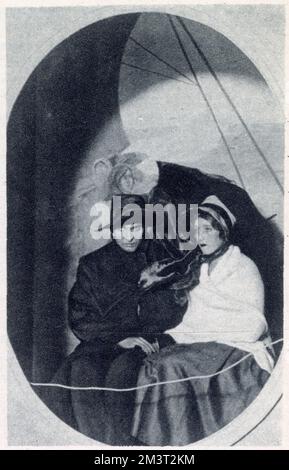 Lady Morvyth Bensen und Mr. Valentine Whitaker verkleideten sich als Ford Madox Browns Gemälde „The Last of England“ für den Empire Day Ball, der am 24. Mai 1928 im May Fair Hotel stattfindet. Stockfoto