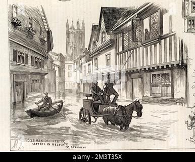 Überschwemmung in Canterbury im Jahr 1882. Ein Postbote übergibt einem Bewohner in einem Haus im mittelalterlichen Westgate Briefe mit einer Pferdekutsche und einem langen Stab, während ein anderer in einem Ruderboot vorbeifährt! Stockfoto