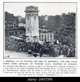 Ein Uhrenturm, erbaut als Gedenkstätte für die 517 im Ersten Weltkrieg getöteten Offiziere und Männer, wurde in Stockwell, südlich von London, von Prinzessin Alice, Gräfin von Athlone, eröffnet. Stockfoto