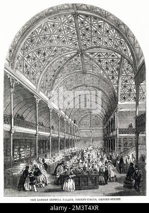 Der London Crystal Palace Basar am Regent Circus, Oxford Street, soll Waren der elegantesten Beschreibung verkaufen. Das Gebäude besteht im Wesentlichen aus Eisen und Glas und ist etwas nach dem Prototyp von Sydenham (d. h. dem ursprünglichen Kristallpalast) gestaltet. Das Material des Innendachs, das den Rahmen für die farbigen Lichter bildet, besteht aus Gipsgussteilen von M. Desachy aus der Great Marlborough Street. Stockfoto