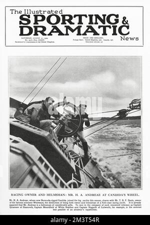 Rennbesitzer und Steuermann, Mr. Herman Andreae, ein New Yorker Banker, wetteifert 1929 bei Cowes auf seiner ersten, von Bermudas manipulierten Rennyacht Candida. Stockfoto