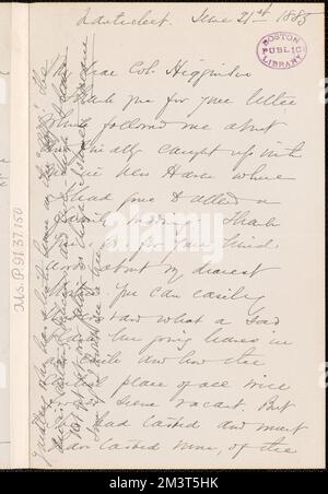 Sarah Chauncey Woolsey Autogrammbrief unterzeichnet an Thomas Wentworth Higginson, Nantucket, Mass., 11. Juni 1885 , Abolitionists, United States, History, 19. Century, Frauen, Wahlrecht, Ingelow, Jean, 1820-1897, Jackson, Helen Hunt, 1830-1885. Thomas Wentworth Higginson-Korrespondenz Stockfoto