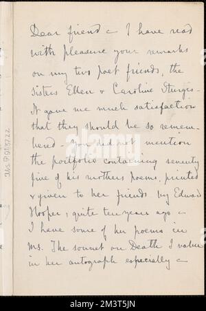 Sarah Freeman Clarke Autogrammbrief unterzeichnet an Thomas Wentworth Higginson , Abolitionisten, Vereinigte Staaten, Geschichte, 19.. Jahrhundert, Frauen, Wahlrecht, Tappan, Caroline Sturgis, 1819-1888, Jackson, Helen Hunt, 1830-1885. Thomas Wentworth Higginson-Korrespondenz Stockfoto