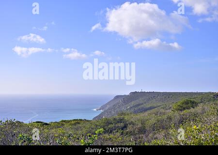 Die beeindruckenden felsigen Klippen bedeckt mit Grün an der Atlantikküste Portugals unter blauem Himmel Stockfoto