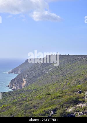 Die beeindruckenden felsigen Klippen bedeckt mit Grün an der Atlantikküste Portugals unter blauem Himmel Stockfoto