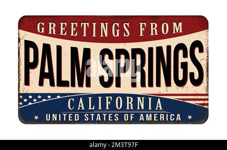 Grußzeichen aus Palm Springs aus rostfreiem Metall im Vintage-Stil auf weißem Hintergrund, Vektorgrafik Stock Vektor