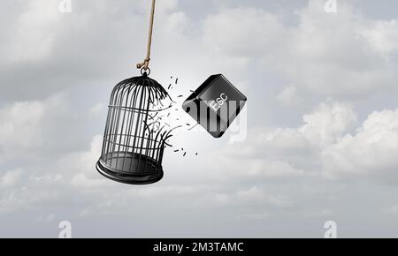 Entfliehen Sie der Metapher und dem Konzept der Freiheit als Geschäftsidee, um sich mit einer Esc-Taste aus einem Vogelkäfig zu befreien. Stockfoto