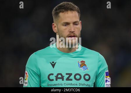 Alejandro Remiro #1 von Real Sociedad während des Mid Season Friendly Match Leeds United vs Real Sociedad in Elland Road, Leeds, Großbritannien, 16.. Dezember 2022 (Foto: James Heaton/News Images) Stockfoto