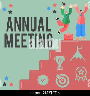 Textzeichen mit der jährlichen Besprechung. Konzept bedeutet jährliche Zusammenkunft interessierter Aktionäre einer Organisation Stockfoto