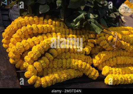 Eine Nahaufnahme gelber Marigold Girlanden Stockfoto