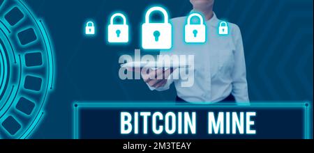 Schreiben mit Text Bitcoin Mine. Konzept der Verarbeitung von Akquisitionen und Transaktionen im digitalen Währungssystem Stockfoto