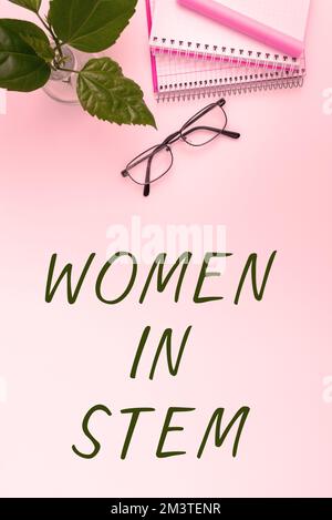 Schild mit Frauen im Stiel. Konzeptionelle Fotowissenschaft Technik Technik Technik Mathematik Wissenschaft Forschung Stockfoto