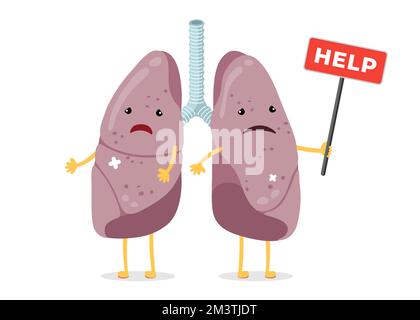 Cartoon traurige leidende, kranke Lungenfiguren. Ungesunde Schädigung des menschlichen Atmungssystems internes Organmaskottchen mit Hilfe-Zeichen. Krankheit und Schmerz Lungenpaarkonzept. Medizinisch-anatomische Schadensvektoren Stock Vektor