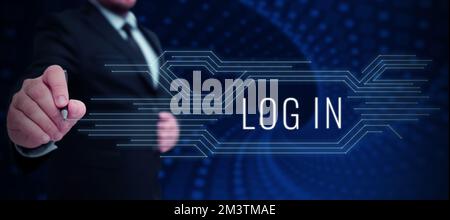 Das Schild zeigt Log in (Anmelden) an. Wort für: Gehen Sie die Verfahren durch, um mit der Verwendung eines Computers oder einer Datenbank zu beginnen Stockfoto