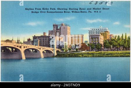 Skyline vom Kirby Park, mit Sterling Hotel und Market Street Bridge über dem Susquehanna River, Wilkes-Barre, Pa , Brücken, Flüsse, Tichnor Brothers Collection, Postkarten der Vereinigten Staaten Stockfoto