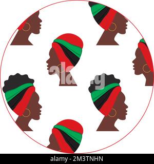 Umrissform mit einem Muster aus dem Profil afrikanischer Frauen, die in verschiedene Richtungen gedreht wurden. Abstrakter Hintergrund. Textur. Konzept. Geeignet für Beschriftung, Web, Poster, Karten, Broschüren oder Etiketten Stock Vektor