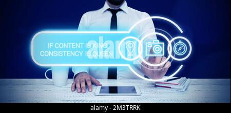 Handschriftlicher Text Wenn Inhalt König ist, ist Konsistenz Königin. Begriffliche Fotowörter, die Produkte verkaufen und gutes Marketing bieten Stockfoto