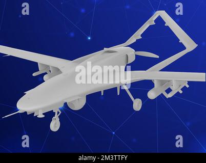 3D Abbildung: Unbemanntes Luftfahrzeug Bayraktar TB2, das durch die Wolken gleitet. Bayraktar TB2 Kampfdrohne im Flug über die Lichter. Stockfoto