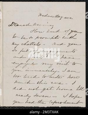 Sophia Hawthorne Autogrammnotiz unterzeichnet an Annie Adams Fields, [Concord, 4. Dezember 1867] , Autor-Ehepartner, weibliche Autoren, Amerikaner, Autoren, Amerikaner, 19.. Jahrhundert, Korrespondenz, Dickens, Charles, 1812-1870 Stockfoto