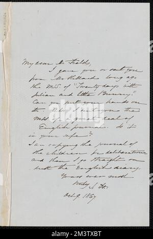 Sophia Hawthorne Autogramm Note signiert an James Thomas Fields, [Concord], 9. Oktober 1867 , Autor' Ehegatten, weibliche Autoren, Amerikaner, Autoren, Amerikaner, 19.. Jahrhundert, Korrespondenz Stockfoto