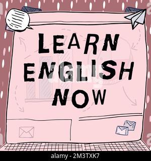 Schreiben Text anzeigen Englisch lernen Jetzt. Business Showcase Erwerben oder erwerben Sie Kenntnisse und Fertigkeiten der englischen Sprache Stockfoto