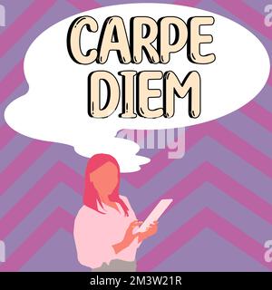 Textunterschrift präsentiert Carpe Diem, Business Approach, öffentliches Festival, auf dem Menschen Musik und Tanz spielen Stockfoto