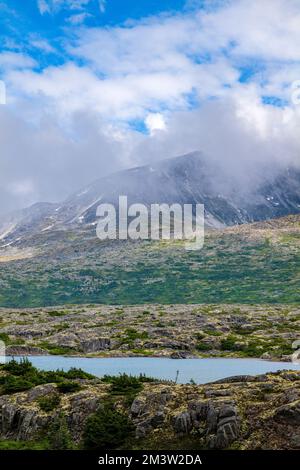 Neblig stimmungsvolles Wetter; entlang des South Klondike Highway; British Columbia; Kanada Stockfoto