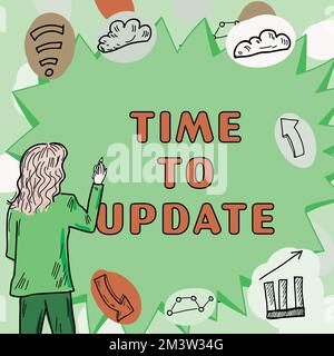 Textzeichen zur Anzeige der Aktualisierungszeit. Word für die neuesten Informationen zu einer bestimmten Situation Stockfoto