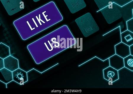 Handschrifttext wie wir. Konzept bedeutet, in sozialen Medien zu bitten, zu folgen, Anziehungskraft oder Vergnügen zu spüren Stockfoto