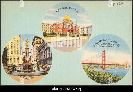 Das Kapitol des Bundesstaates Boston, Mass. Fountain Square, Cincinnati, Ohio. Golden Gate Bridge, San Francisco, Kalifornien, Capitols, Brücken, Städte und Gemeinden, Massachusetts State House Boston, Mass., Tichnor Brothers Collection, Postkarten der Vereinigten Staaten Stockfoto
