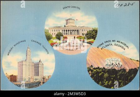 State Capitol, Columbus, Ohio. Wrigley Buildings, Chicago, Illinois. Steingesicht Mt. Memorial, Atlanta, Georgia, Denkmäler und Gedenkstätten, Kapitäne, Wolkenkratzer, Tichnor Brothers Collection, Postkarten der Vereinigten Staaten Stockfoto