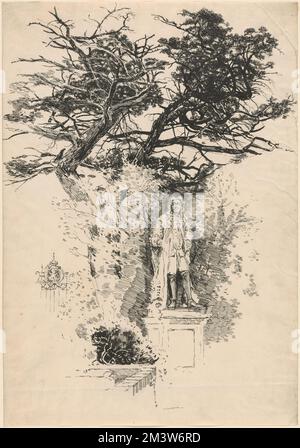 Statue von Sir Hans Sloane auf dem Chelsea-Friedhof, Skulptur, Kirchen, Bäume, Sloane, Hans, Sir, 1660-1753. Joseph Pennell (1857-1926). Ausdrucke und Zeichnungen Stockfoto