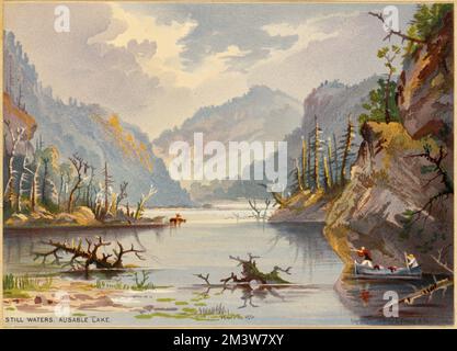 Ruhige Gewässer, Ausable Lake, Seen und Teiche, Berge, Treibholz. Louis Prang & Company Kollektion Stockfoto