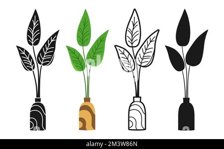 Hauspflanze in Vase, dekoratives Cartoon-Set. Exotische Zimmerpflanzen Blumentopf für den Innenbereich. Botanische Keramik-Topfpflanzen Doodle, Line Icon oder Silhouette-Kollektion. Isolierter flacher Vektor Stock Vektor