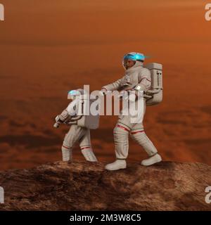 Astronauten laufen auf der Marsoberfläche, Illustration Stockfoto