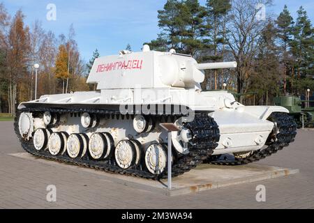 KIROVSK, RUSSLAND - 24. OKTOBER 2022: Sowjetischer Schwertank KV-1 in winterweißer Farbe Nahaufnahme an einem sonnigen Oktobertag. Freiluftausstellung des Museums Stockfoto