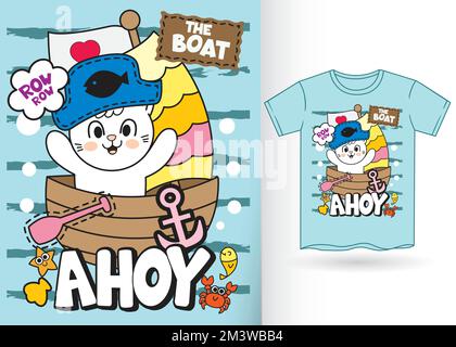 Niedliche Piratenkatze für Kinder-T-Shirt mit Schablone Stock Vektor