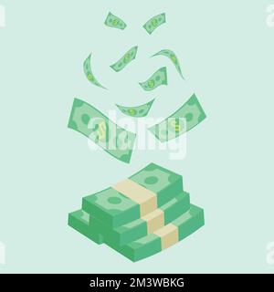Isometrische Money-Dollar-Bargeld-Flachvektordarstellung. Abbildung: Dollarscheine. Gesetzesentwurf zum Grünbuch. Fly Cartoon Geld isoliert auf blauem Hintergrund. Stock Vektor