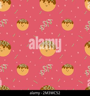 Asiatisches Gericht - Takoyaki. Tintenfisch-Bälle. Japanische Küche. Süßer Charakter. Nahtlose Doodle-Illustration. Stoffdesign, Geschenkpapier oder Hintergrund Stock Vektor