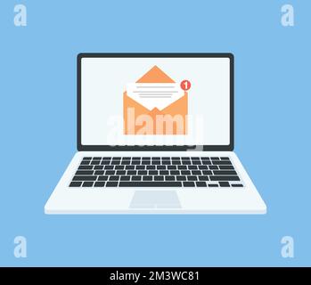E-Mail-Benachrichtigung auf Laptop. Neue Nachricht. E-Mail-Benachrichtigung auf Laptop-Bildschirm. Flacher Stil. Vektordarstellung. Stock Vektor